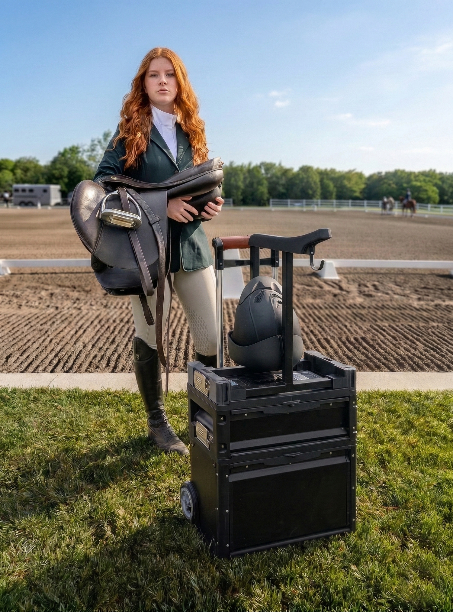Woman in equestrian attire holding a saddle, standing next to the stowell equestrian rova tack porter standing on a grassy area with riding ring in the bakground