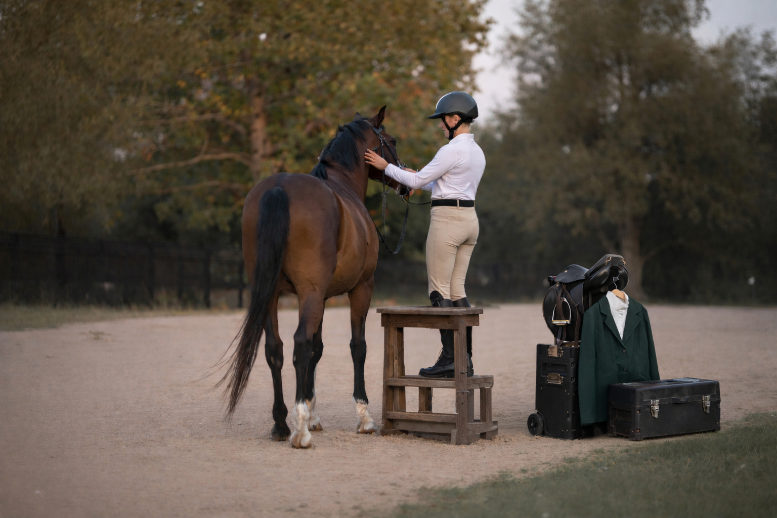 woman on a mounting block tacking-up a horse using the stowell equestrian Rova Tack porter